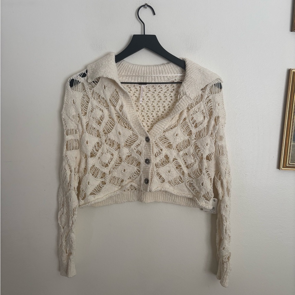 Free People Sedona Cardigan Sweater S Cream Crochet Collared Cropped Open Knit
